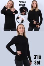 KADIN BOĞAZLI PARMAK DETAYLI UZUN KOLLU BODY 3LÜ SET - Görsel 2