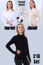 KADIN BOĞAZLI PARMAK DETAYLI UZUN KOLLU BODY 3LÜ SET - Görsel 3