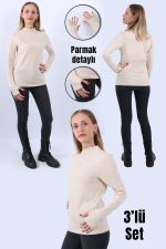 KADIN BOĞAZLI PARMAK DETAYLI UZUN KOLLU BODY 3LÜ SET - Görsel 4